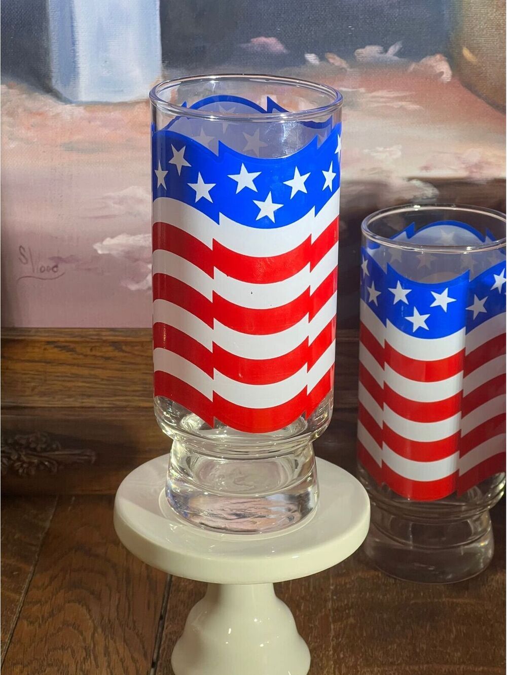 4 Vintage Libby “Wavy American Flag” Footed Tumblers